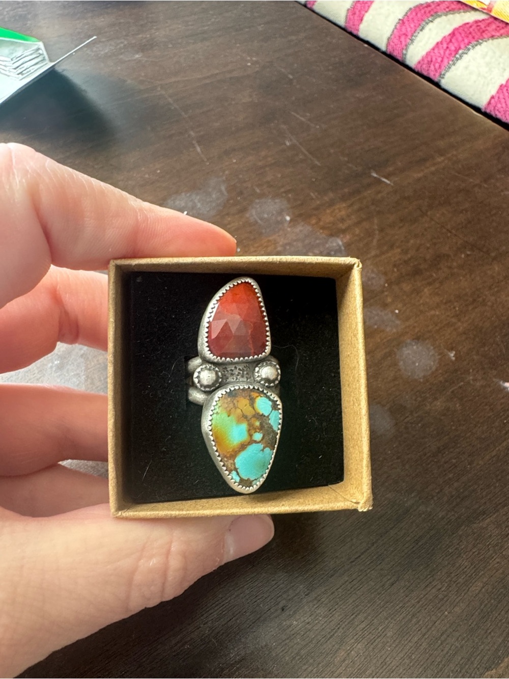 Handmade turquoise and petrified wood ring